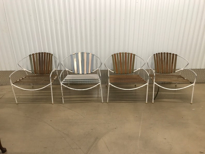 Unique Set Of 4 Mid Century Modern Metal Patio Chairs With Strapping
