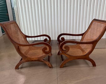 Pair Hand Caned And Doweled British Colonial Anglo Indian Plantation Chairs