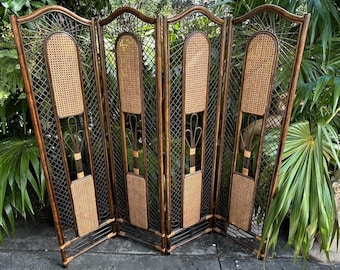 Bent French Rattan And Cane Two Tone Standing Screen Room Divider