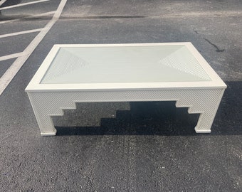 Pencil Reed Glass Top Geometric Rectangular Coffee Table Painted True White Dated 1970s Underneath