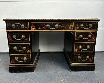 Vintage Solid Wood Hand Painted Chinoiserie 7 Drawer Executive Desk