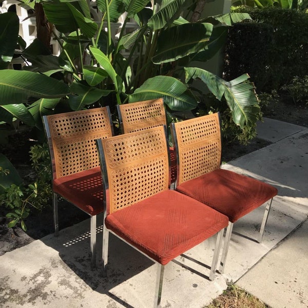 Set Of 4 Howell Heavy Chrome, Rattan Cane And Wood Dining Chairs / Fabulous Metal And Cane / Similar To Milo Baughman Chairs