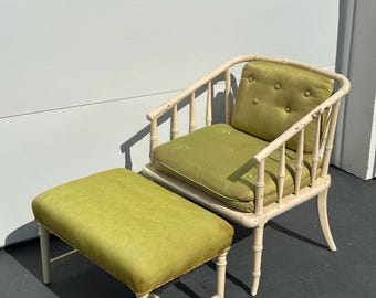 May include: A white bamboo armchair with a green cushion and matching ottoman. The chair and ottoman have a simple, elegant design.