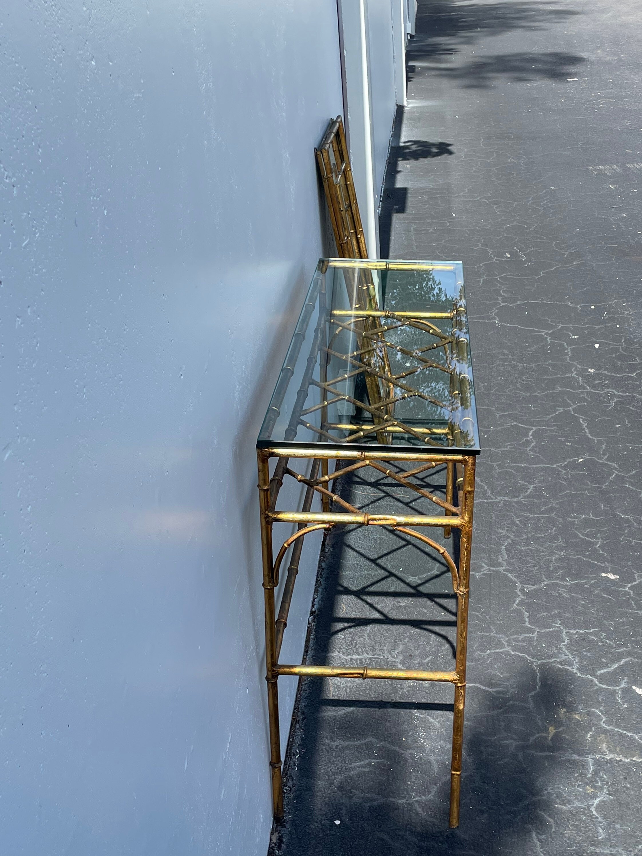 Chinese Chippendale Faux Bamboo Console With Mirror Gold