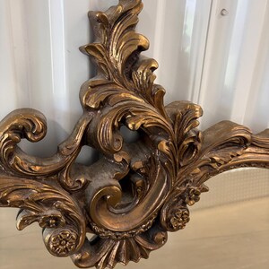 May include: Ornate, gold-colored decorative mirror frame with a detailed, scrolling leaf and floral design. The frame has a vintage aesthetic, with a slightly distressed finish. The design is symmetrical and features intricate carvings.