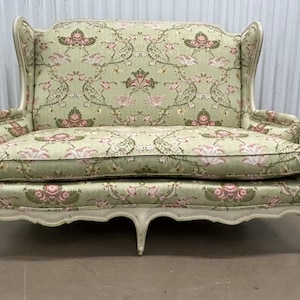 Louis XV Wing Settee With Clean Exquisite Upholstery Celery Green, Pink, Yellow Matching Pillows