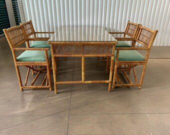 Vintage Rectangular Bohemian Dining Table And 4 Matching Rattan Campaign Chairs