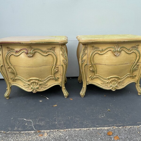 Pair Solid Wood French Provincial Bombe Chests With Shell Detailing Needs Painting