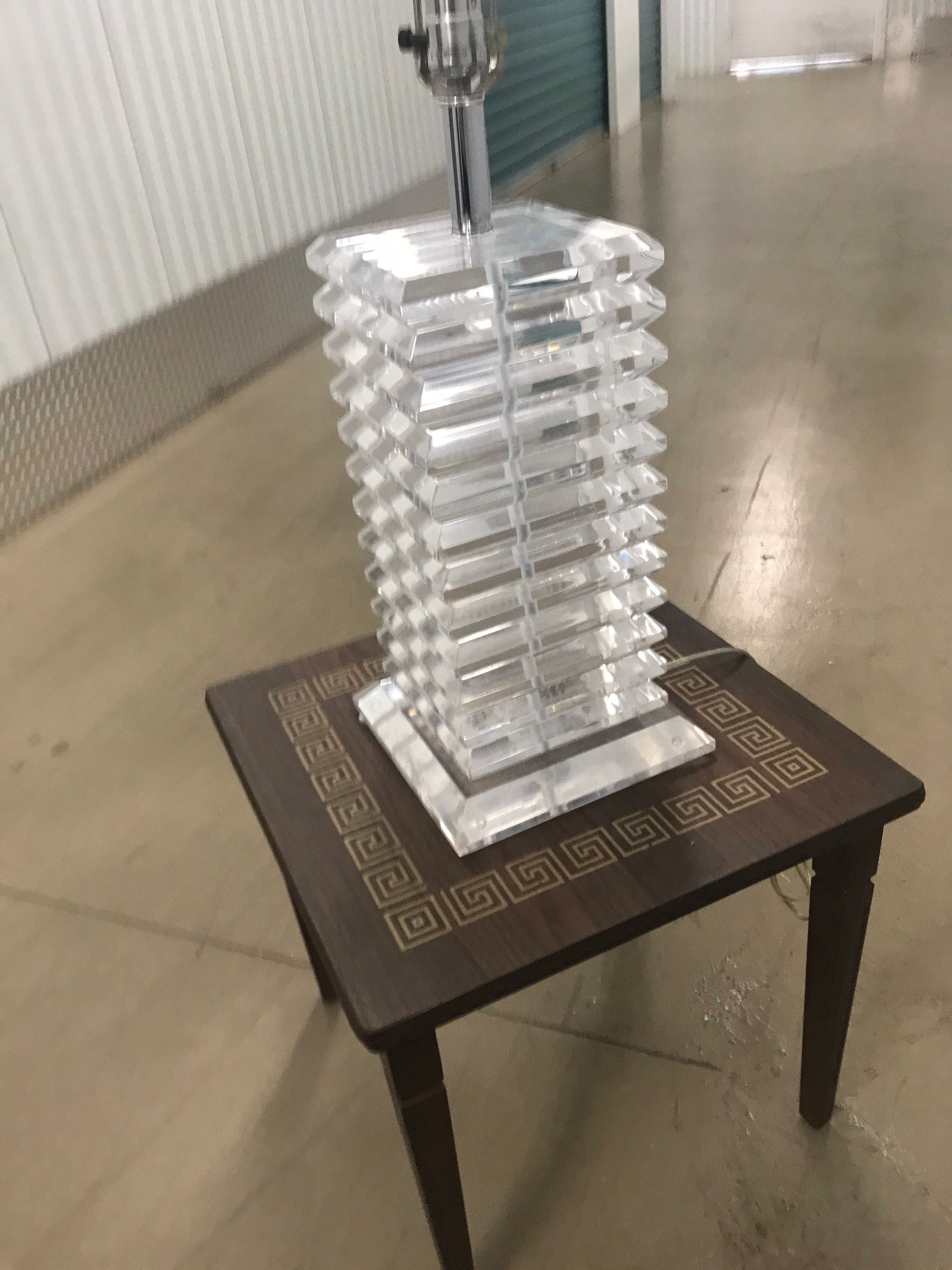 Vintage Square Massive Stacked Lucite And Chrome Table Lamp