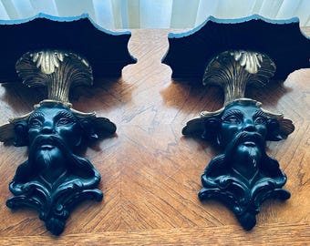 Pair Black And Gold Vintage Asian Face Wall Sconces