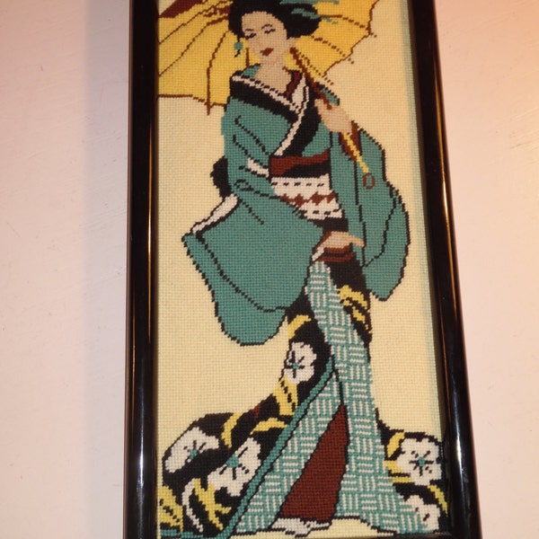 PRETTY PRETTY PARASOL / Single Needlepoint Of An Asian Woman With A parasol / Chinoiserie Chic / Anthropologie Style