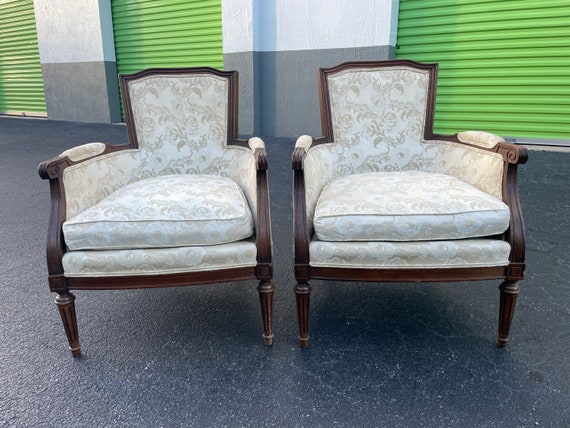 Gorgeous Pair of Louis XVI Antique French Bergeres Gilt & Upholstered Arm  Chairs