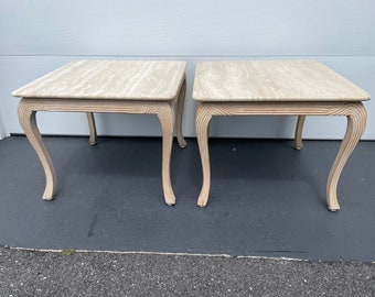 Pair Of Cerused And Travertine Top Over Sized End Tables