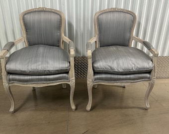 Pair Of Louis XV Carved Arm Chairs With Grey Upholstery Down Cushions
