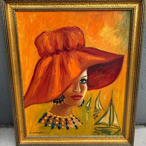 Mid Century Original Signed Painting Of A Woman With Hat Listed Artist French D. LARROQUE