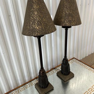 Pair Of Draper Style Tassel Buffet Lamps In Bronze Gold Flecked Shades And Finials SHIPPING INCLUDED