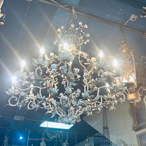 MONUMENTAL 12 Light Porcelain Rose Tole Chandelier Approximately 100 Petite Roses Tall 38 x 40 Wide
