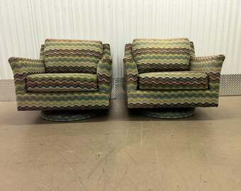 SOLD / Missoni Inspired Swivel Rocker Club Arm Chairs On Circular Plinth Base