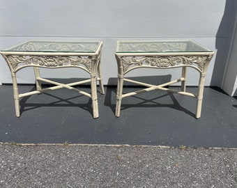 Unusual Coastal Hand Carved Wood Shell, Leather Rattan And Glass End Tables