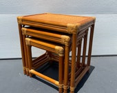 McGuire Style Rattan And Leather Wrapped Nesting Stacking Tables Beautiful Condition