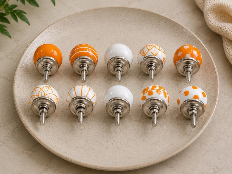 Handmade Ceramic Cabinet Knobs Set Orange White Floral Pulls Kitchen Cupboard Handles Dresser Hardware Boho Furniture Decor Farmhouse image 9