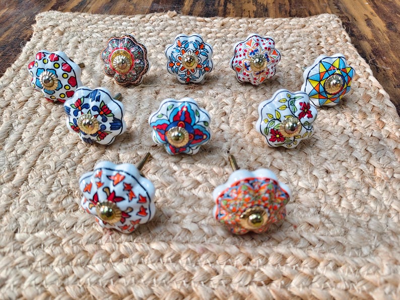 Hand Painted Ceramic Knobs: Assorted Indian Floral Drawer Pulls – Boho Cabinet Hardware image 3