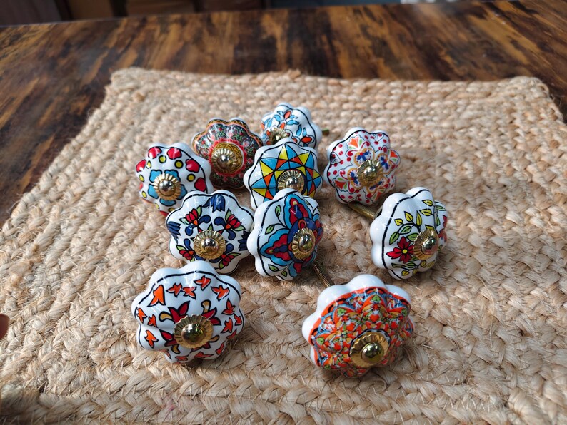 Hand Painted Ceramic Knobs: Assorted Indian Floral Drawer Pulls – Boho Cabinet Hardware image 11