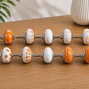 Handmade Ceramic Cabinet Knobs Set Orange White Floral Pulls Kitchen Cupboard Handles Dresser Hardware Boho Furniture Decor Farmhouse image 5