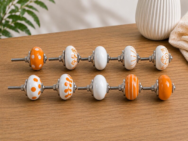 Handmade Ceramic Cabinet Knobs Set Orange White Floral Pulls Kitchen Cupboard Handles Dresser Hardware Boho Furniture Decor Farmhouse image 5
