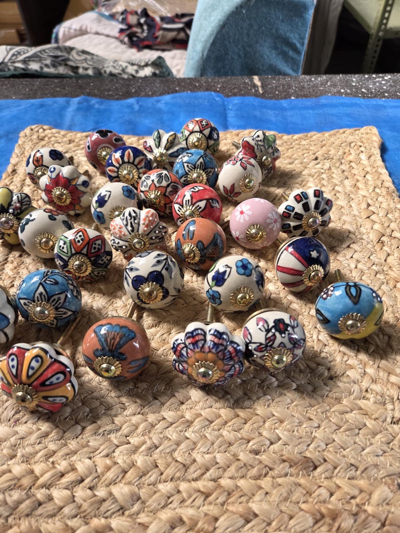 Assorted Ceramic Cabinet Knobs Hand Painted Floral Pulls Boho Cupboard Handles Decorative Dresser Hardware Kitchen Furniture Accent image 6