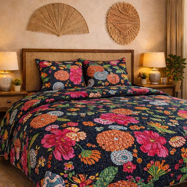 Handmade Black Floral Kantha Quilt 90x108 Inch Cotton Bedspread Reversible Boho Throw Blanket