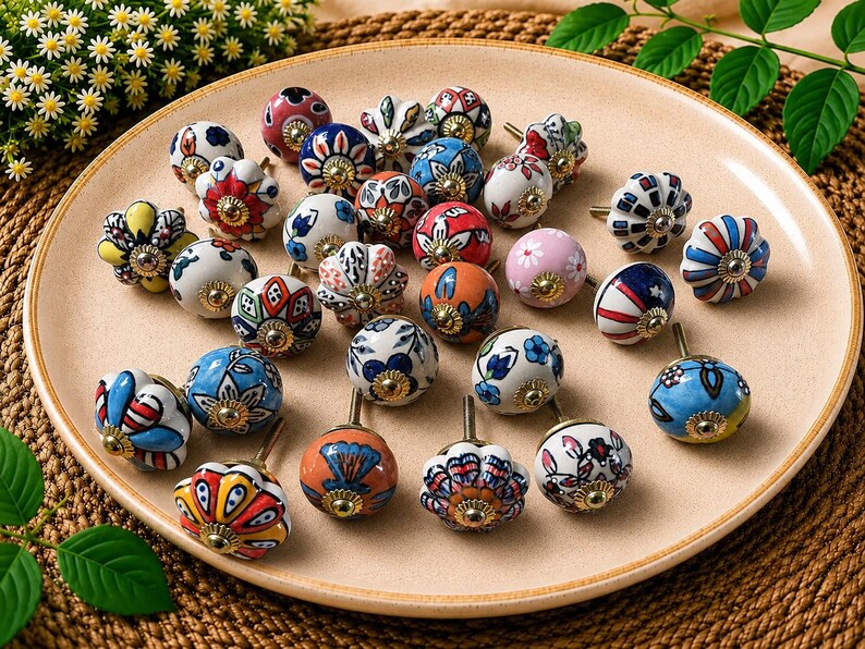 May include: A collection of round ceramic cabinet knobs featuring various hand-painted floral and geometric patterns in colours including blue, red, yellow, orange, pink, and white. Each knob has a metallic gold-toned centre screw attachment.