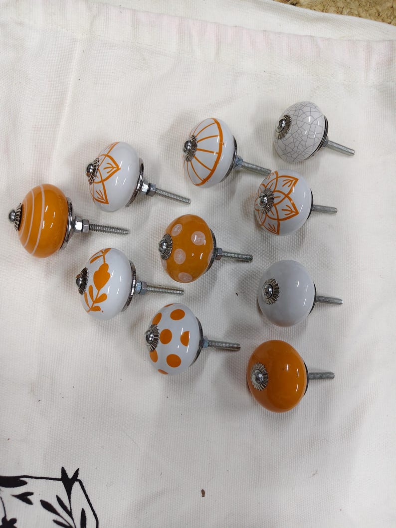 Handmade Ceramic Cabinet Knobs Set Orange White Floral Pulls Kitchen Cupboard Handles Dresser Hardware Boho Furniture Decor Farmhouse image 14