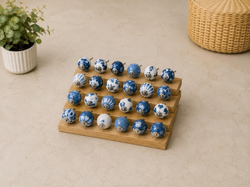 Pu&ograve; includere: Una collezione di ventiquattro pomelli rotondi in ceramica per mobili disposti su un espositore in legno a gradini. Ogni pomello presenta un motivo unico in blu e bianco, inclusi disegni floreali, a righe e geometrici.