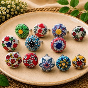 Hand Painted Ceramic Cabinet Knobs: Assorted Floral Boho Drawer Pulls, Colorful Dresser Hardware