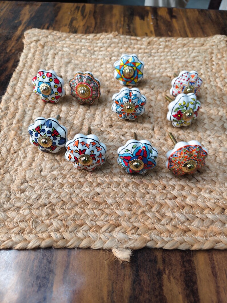 Hand Painted Ceramic Knobs: Assorted Indian Floral Drawer Pulls – Boho Cabinet Hardware image 14