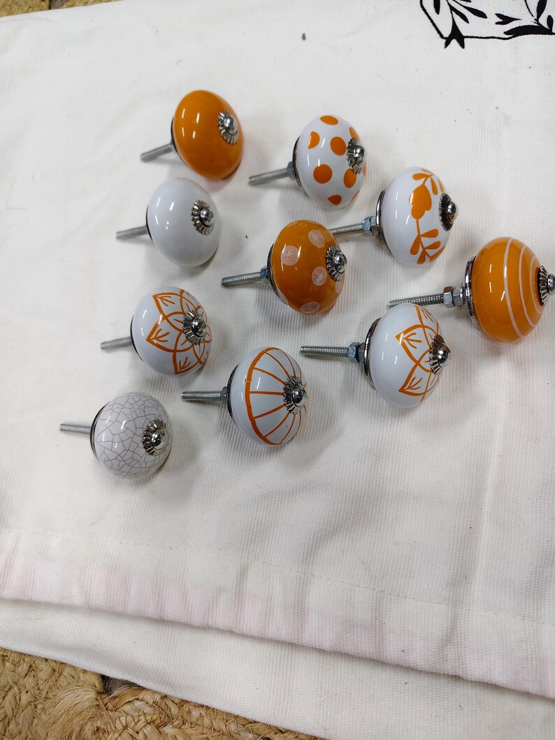 Handmade Ceramic Cabinet Knobs Set Orange White Floral Pulls Kitchen Cupboard Handles Dresser Hardware Boho Furniture Decor Farmhouse image 13