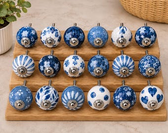 Handpainted Blue White Ceramic Knobs: 24pc Indian Pottery Drawer Pulls Floral Decor