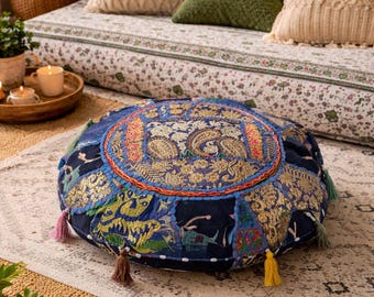 Embroidered Patchwork Floor Cushion Cover (18x18 Inches) – Indian Ethnic Bohemian Decor