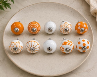 Set of 10 Handmade Ceramic Knobs: Orange White Rustic Drawer Handles