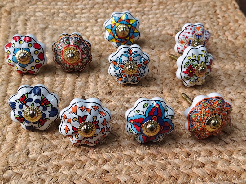 Hand Painted Ceramic Knobs: Assorted Indian Floral Drawer Pulls – Boho Cabinet Hardware image 15