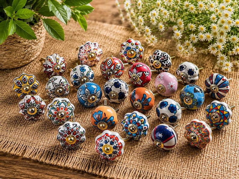 May include: A collection of twenty-four round ceramic cabinet knobs featuring various colourful hand-painted floral, geometric, and abstract patterns. Each knob has a central gold-toned metal hardware piece and a scalloped or smooth edge design.