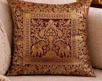 Handgefertigter Brokat Kissenbezug Luxus Sofakissen Bezug mit Reißverschluss Dekorative Couch Traditioneller Elefant Pfau Design