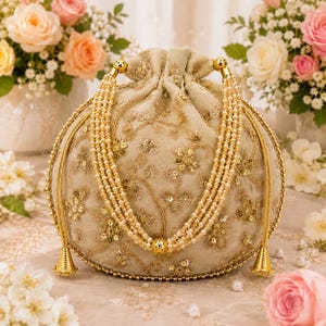 Peut inclure: Une pochette à cordon beige ornée de broderies dorées complexes, de paillettes et de motifs floraux. Le sac est agrémenté de plusieurs rangs de fausses perles crème et d'accents en métal doré, incluant deux pompons coniques à la base.