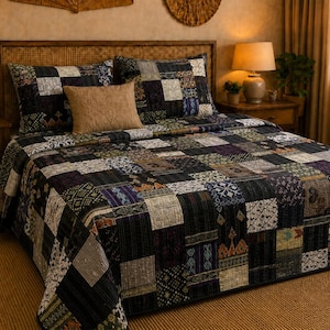 Handmade Black Silk Kantha Quilt 90x108 King Size Patchwork Bedspread Reversible Vintage Sari Blanket Boho Bedding Throw Indian Silk Gudri