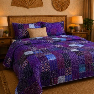 Handmade Blue Silk Kantha Quilt, Vintage Patchwork Bedspread, Indian Sari Blanket, Boho Bedding Reversible King Size Coverlet 108x108 inches