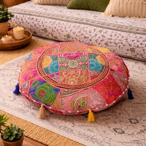 Roze patchwork rond vloerkussen 18 x 18 boho Indiase poef poef geborduurd veelkleurig meditatiekussen handgemaakt vintage decorkussen