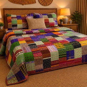 May include: A patchwork quilt featuring a vibrant array of rectangular fabric segments in various colors including green, purple, yellow, red, and blue. The quilt covers a bed and is accompanied by two matching patchwork pillows and one solid beige pillow.