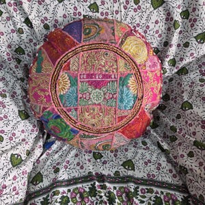 Pink Patchwork Round Floor Cushion, Boho Indian Pouf Ottoman, Embroidered Multicolor Meditation Pillow image 9