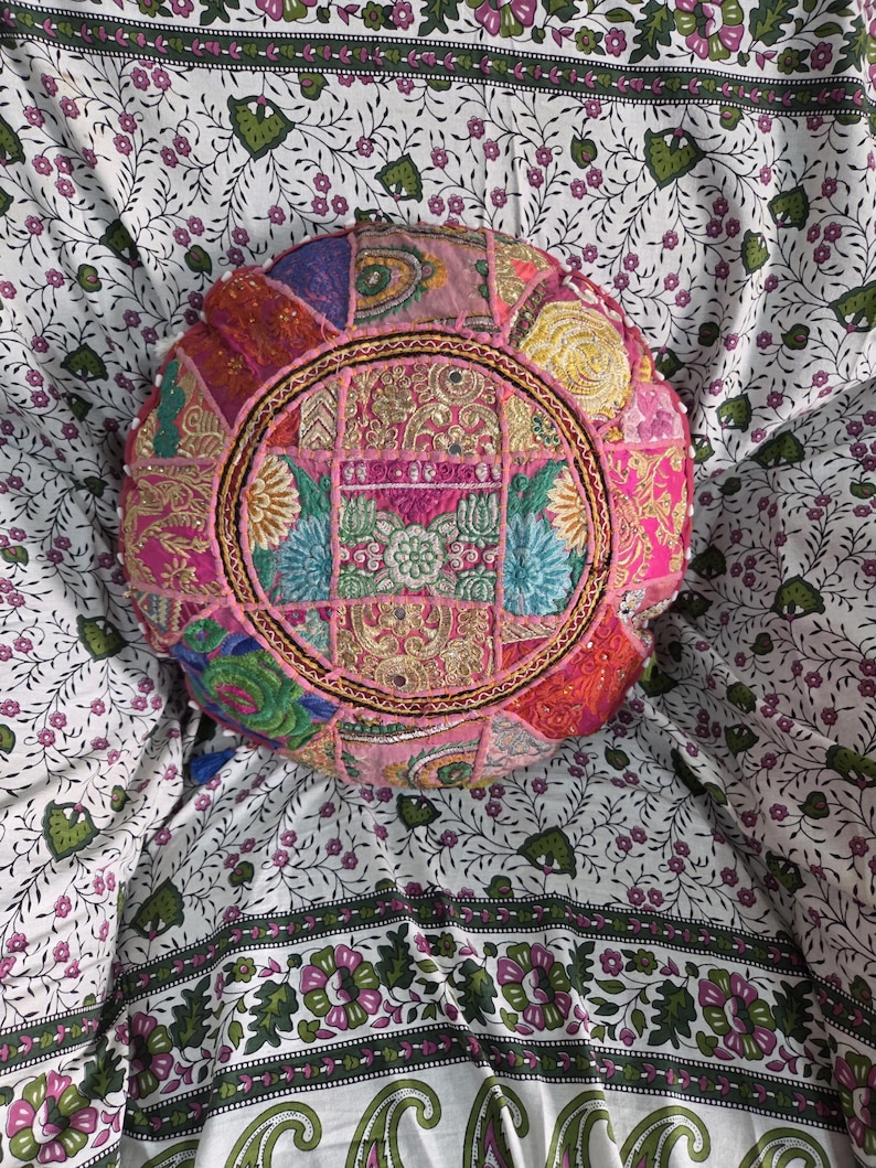 Pink Patchwork Round Floor Cushion, Boho Indian Pouf Ottoman, Embroidered Multicolor Meditation Pillow image 9